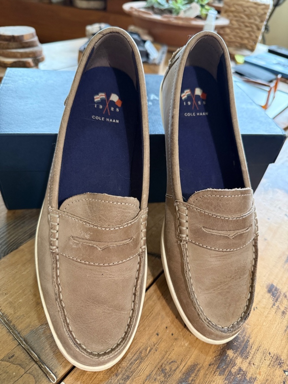 Cole Haan Women’s Nantucket Taupe Desert Penny Loafers with White Sole